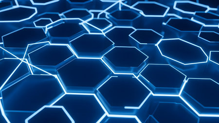 3D rendering of abstract blue glowing hexagons background, computer generated imagesの素材