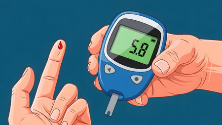 Illustration of a glucometer in hand with finger pointingの素材