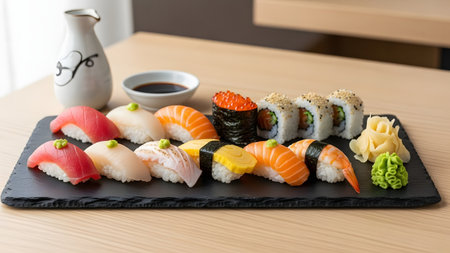 sushi set - japanese food style on wood table backgroundの素材