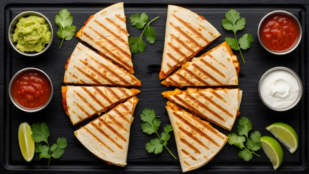 Mexican quesadilla with guacamole sauce, lime and parsley on black backgroundの素材
