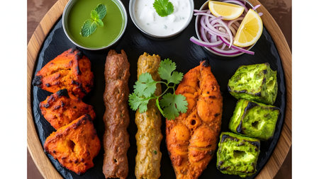 Indian cuisine, Chicken Tikka Masala or Shish kebab served with pickled cucumber, onion and yogurt sauceの素材
