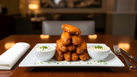 Fried chicken wings with sauce and mayonnaise on a white plateの素材