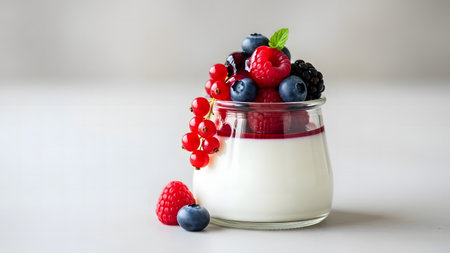 yogurt with fresh berries in a glass jar on a white backgroundの素材