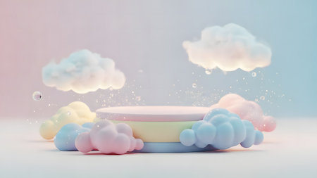 3d render, abstract minimal scene with pastel color podiums and cloudsの素材