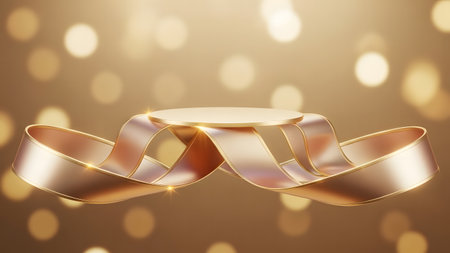 Golden podium and ribbon on bokeh background. Vector illustration.の素材