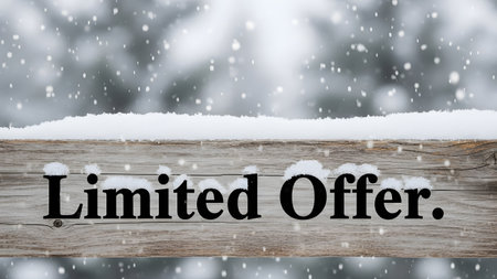 \Wooden sign with the text \"\"Limited Offer\"\" in front of a snowy background\""の素材