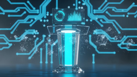 Glowing futuristic medical test tube on dark background. 3D renderingの素材