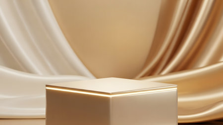 3d render of golden podium and silk drapery background.の素材