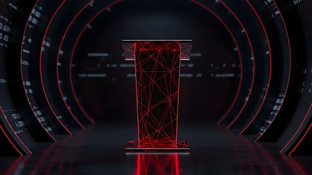 3D rendering of podium with red wireframe on dark background. Futuristic pedestalの素材