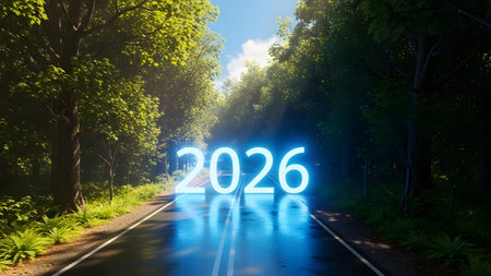 2026 new year on the road in the forest. 3d renderingの素材