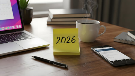 2026 sticky note with coffee cup and laptop on wooden desk.の素材