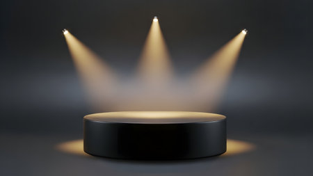Black pedestal with spotlights on dark background. 3D renderingの素材