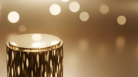 Golden pedestal or podium on bokeh background. 3d renderingの素材