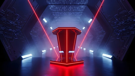 3D rendering of a coffin in an empty space with neon lightsの素材