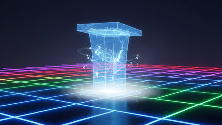 3d rendering of podium with glowing particles on dark background. 3d illustrationの素材