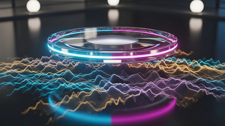 Circle podium with glowing lines and waves, 3d render illustrationの素材