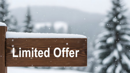 Wooden sign with text Limited Offer, snowy landscape in the backgroundの素材