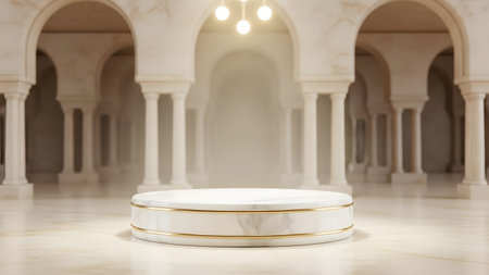 3d render of white marble podium with archs in the backgroundの素材