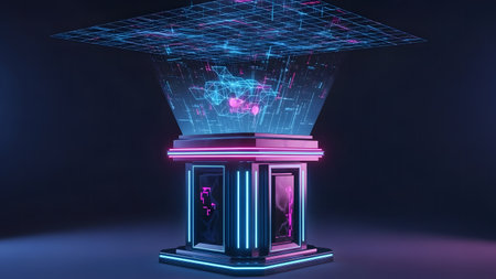 3D rendering of a pedestal with a hologram of a human body inside.の素材