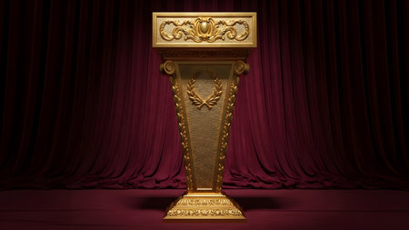 golden pedestal on stage with red curtains - 3d renderingの素材