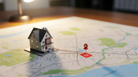 3d illustration of a miniature house on a map. Real estate conceptの素材