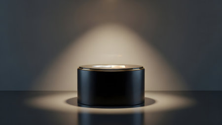 3d rendering of a black podium in a dark room with a spotlightの素材