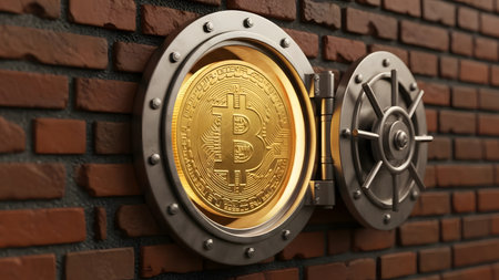 3d illustration of a metal safe with bitcoins over brick wall backgroundの素材