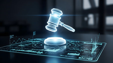 Law and justice concept. 3D rendering. Virtual screen with gavel.の素材