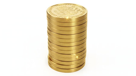 Stack of gold coins isolated on white background. 3D illustration.の素材