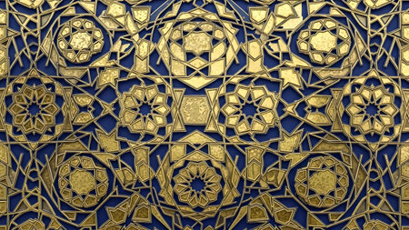 Seamless pattern with gold ornament on blue background. 3d renderingの素材