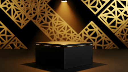 3d render of black product stand with gold geometric pattern background.の素材