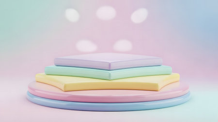 3d rendering of colorful geometric podiums on pastel pink backgroundの素材