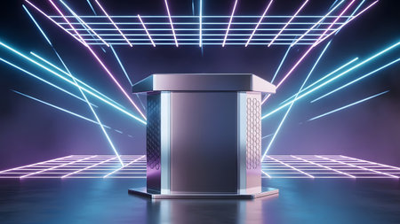 3d rendering of a podium in a dark room with neon lightsの素材