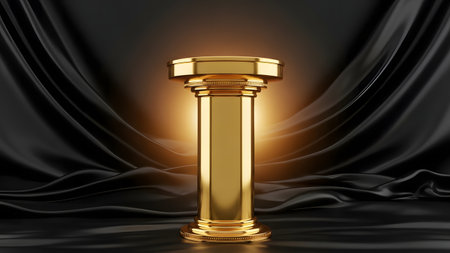 Golden pedestal on black silk drapery, 3d renderの素材