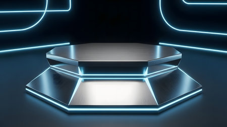 Empty podium in the dark with neon lights. 3D rendering.の素材