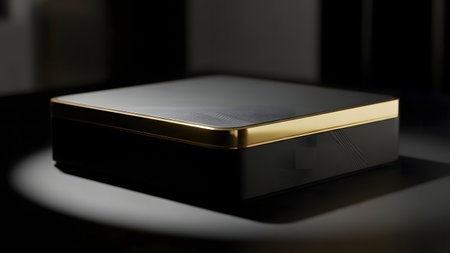 Close up of a gold box on a black background. 3d renderingの素材