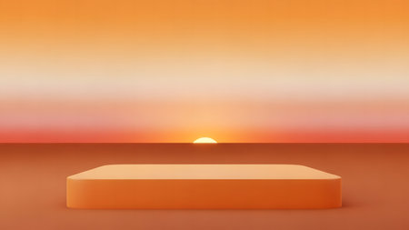 3d rendering of orange podium on the sunset background. Scene for product presentation.の素材