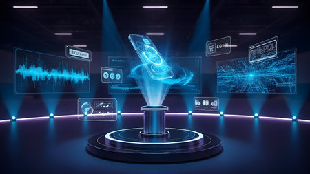 Futuristic holographic digital interface with wireframe projection. 3D Renderingの素材