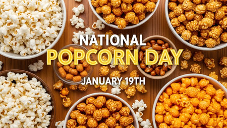 Top view of popcorn in bowl on wooden background. National popcorn day conceptの素材