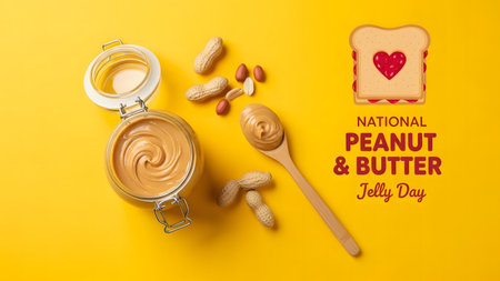 Peanut butter in a glass jar, peanut butter sandwiches and wooden spoon on yellow background.の素材