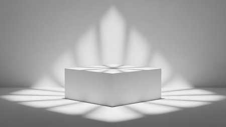 3d render of a white pedestal in a room with sunlightの素材