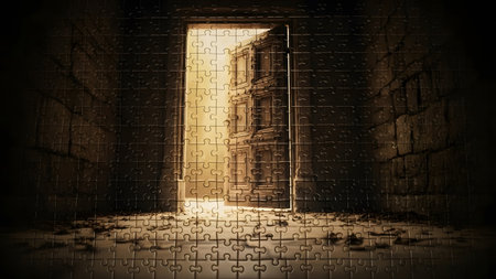 Jigsaw puzzle in the doorway of an old castle. 3D renderingの素材