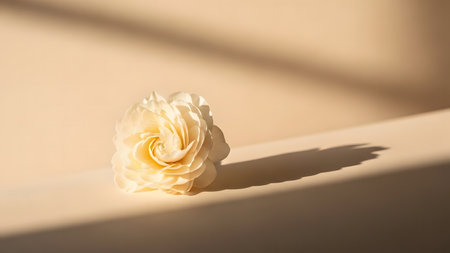 Beautiful white rose on a background of beige wall in sunlightの素材