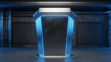 3D rendering of a blue podium with smoke in the dark roomの素材