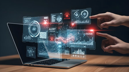 Close up of hands using laptop with digital business interface on screen 3D renderingの素材