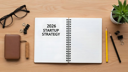 2021 Strategy text on notepad with office tools on wood backgroundの素材