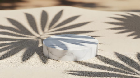 White marble podium on the sand with palm leaves shadows. 3d renderの素材
