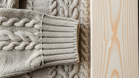 Knitted woolen sweaters on wooden background, top view.の素材
