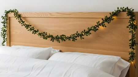 Interior of a hotel bedroom decorated with a garland of green leavesの素材