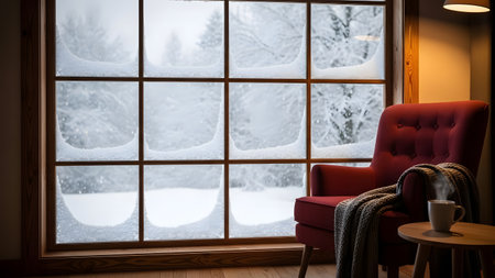 Red armchair in front of a window with a view of the winter forestの素材